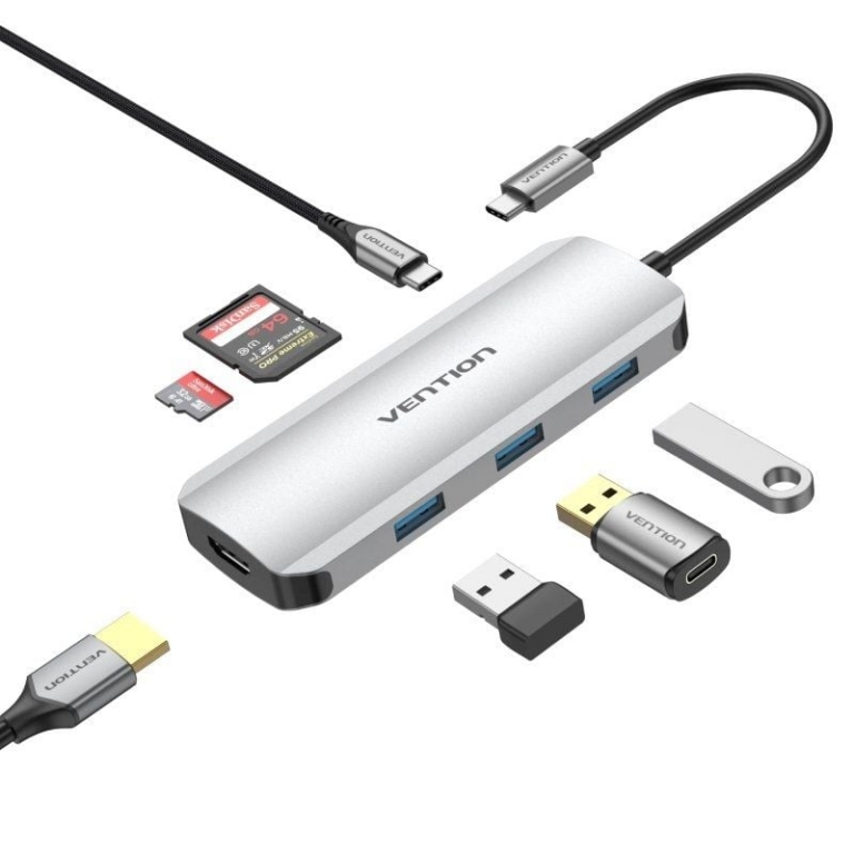 Docking USB Tipo-C Vention TOJHB/ 1xHDMI 4K/ 3xUSB/ 1xUSB Tipo-C/ 1xLector Tarjetas/ Gris