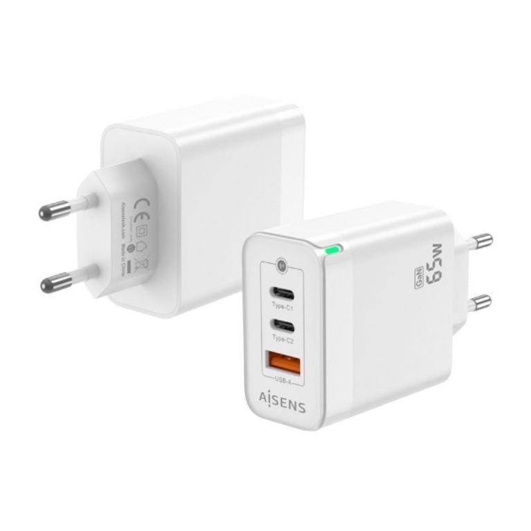Cargador de Pared GaN Aisens ASCH-65W3P007-W/ 2xUSB Tipo-C/ 1x USB/ 65W