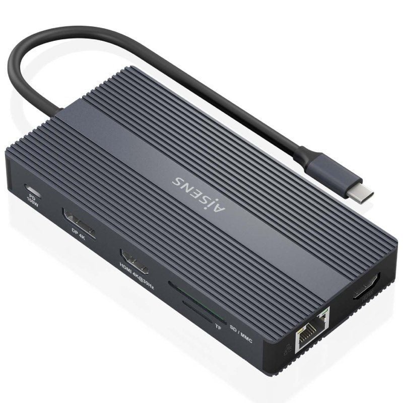 Docking USB Tipo-C Aisens ASUC-12P017-GR/ 2xHDMI 4K/ 4xUSB/ 1xUSB Tipo-C/ 1xRJ45/ 1xDisplayPort/ 1xLector Tarjetas/ 1xUSB Tipo-C PD/ Gris