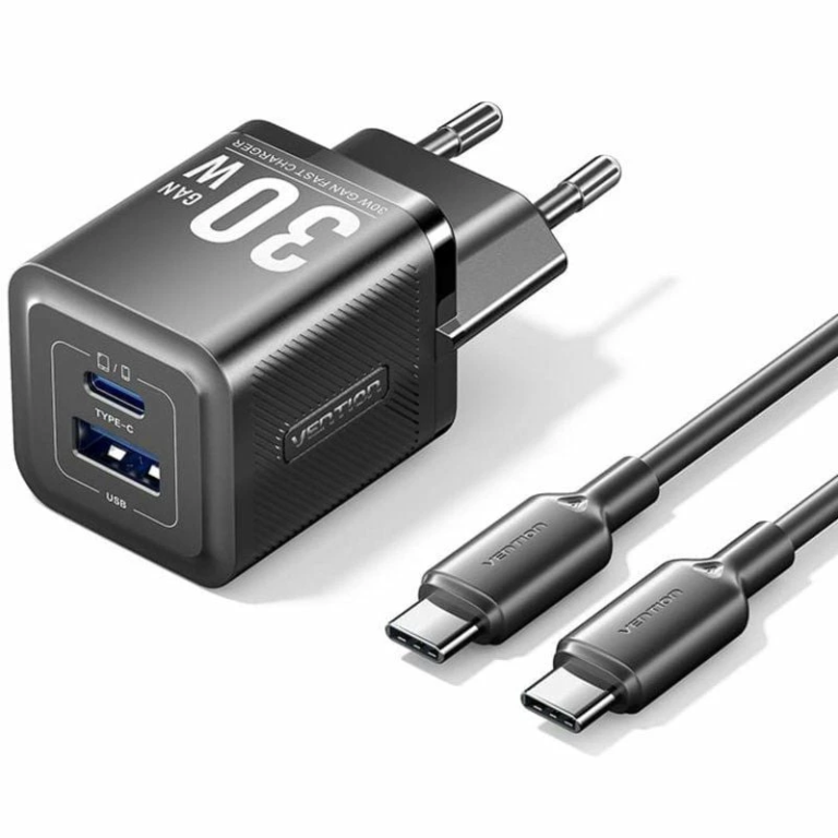 Cargador de Pared GaN Vention TZ-FEQB0-EU-01/ 1xUSB Tipo-C/ 1xUSB + Cable USB Tipo-C/ 30W