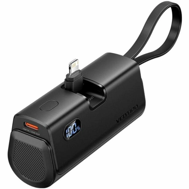 Powerbank 4800mAh Vention FHRB0/ 22.5W/ Negra/ Incluye Cable USB Tipo-C y Lightning