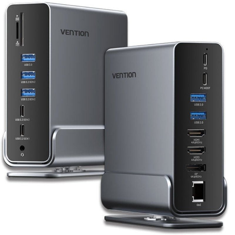 Docking USB Tipo-C Vention TPUH0/ 2xHDMI 4K/ 1xDisplayPort/ 3xUSB Tipo-C/ 5xUSB/ 1xRJ45/ 1xLector de Tarjetas/ 1xJack 3.5/ 1xUSB Tipo-C PD/ Gris