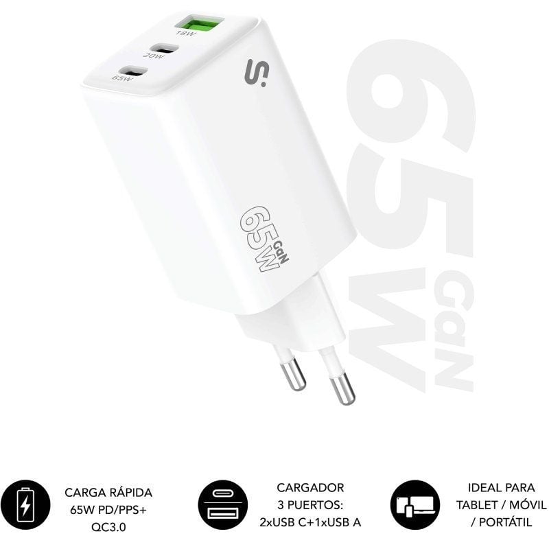Cargador de Pared GaN Subblim 65W Charger USB C+C+A/ 2xUSB Tipo-C/ 1xUSB/ 65W