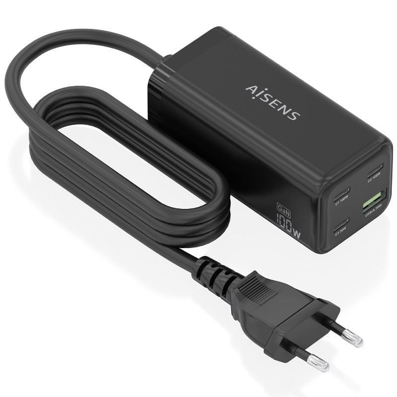 Cargador Sobremesa GaN Aisens ASCH-100W4P054-BK/ 3xUSB Tipo-C/ 1xUSB/ 100W