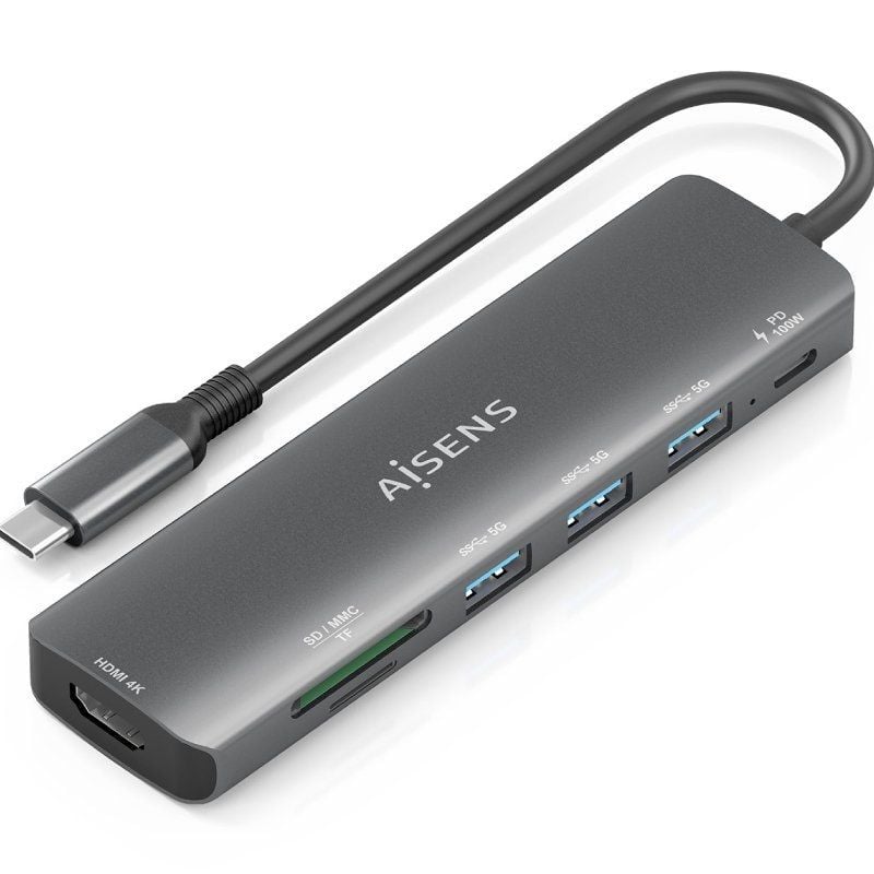 Docking USB Tipo-C Aisens ASUC-7P025-GR/ 1xHDMI 4K/ 3xUSB/ 1xUSB Tipo-C PD/ 1xLector Tarjetas/ Gris