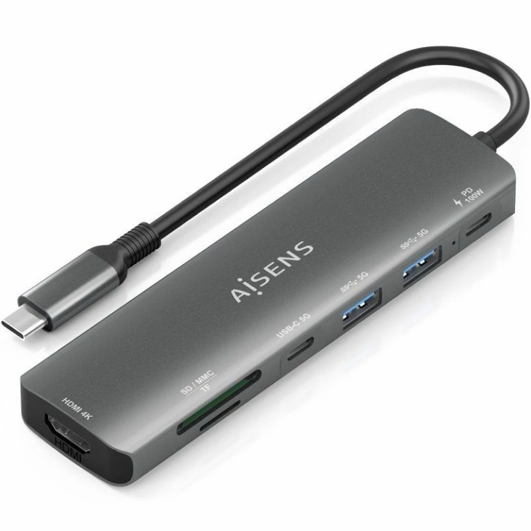 Docking USB Tipo-C Aisens ASUC-7P026-GR/ 1xHDMI 4K/ 2xUSB/ 1xUSB Tipo-C / 1xUSB Tipo-C PD/ 1xLector Tarjetas/ Gris