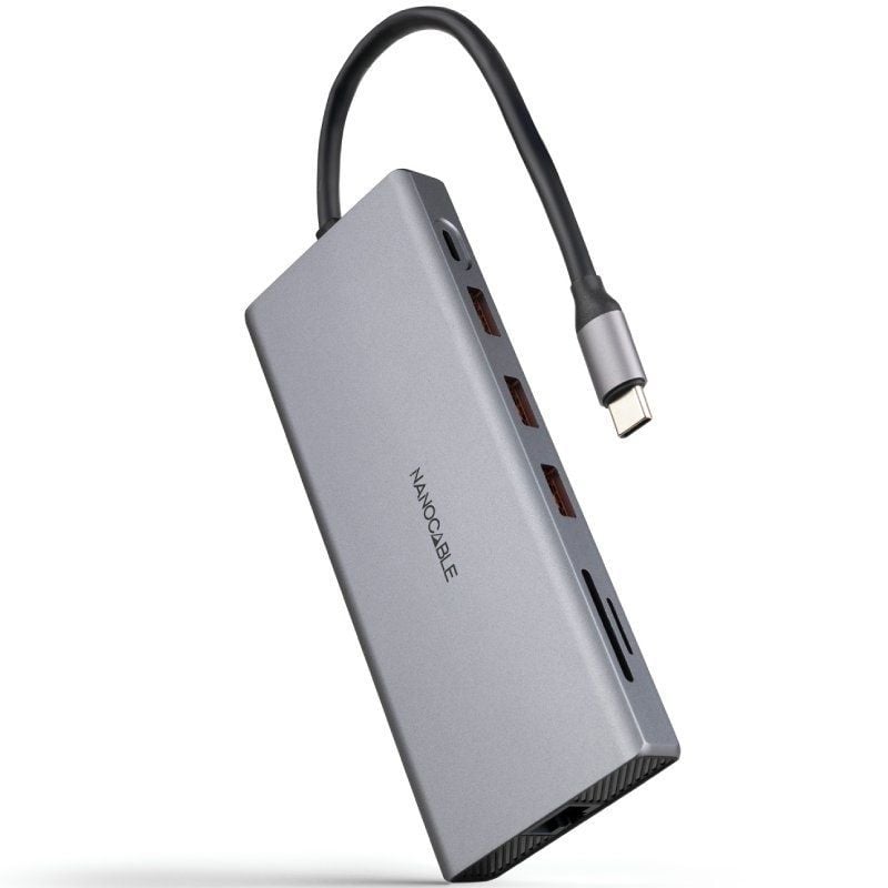 Docking Tipo-C Nanocable 10.16.4612/ 3xUSB/ 1xUSB Tipo-C/ 2xHDMI 4K/ 1xDisplayPort/ 1xRJ45/ 1xLector tarjetas/ 1xJack 3.5/ 1xUSB Tipo-C PD/ Gris