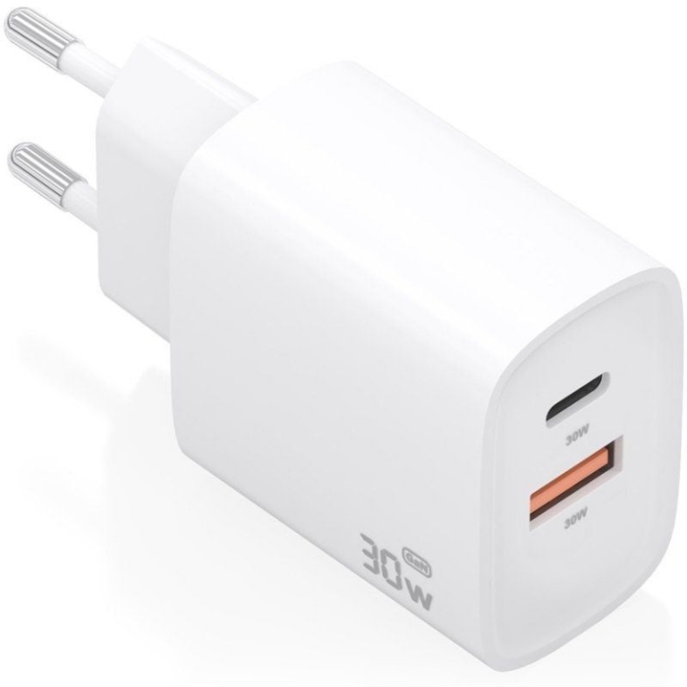 Cargador de Pared GaN Aisens A110-0952/ 1xUSB Tipo-C/ 1xUSB/ 30W/ Blanco