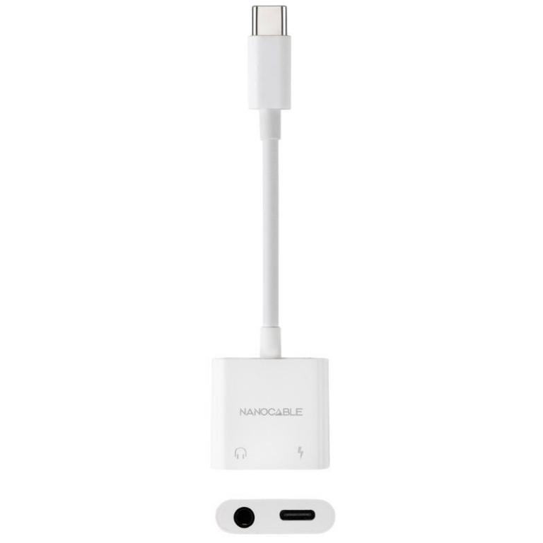 Adaptador Audio Nanocable 10.24.1206/ USB Tipo-C Macho - Jack 3.5 Hembra/ USB Tipo-C Hembra/ Blanco