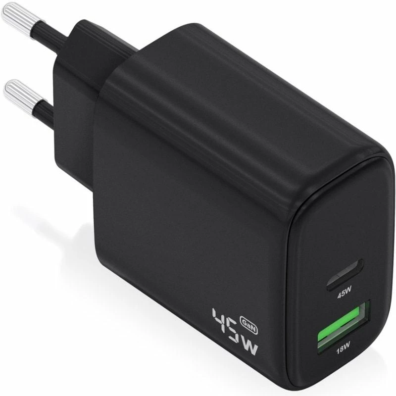 Cargador de Pared GaN Aisens A110-0972/ 1xUSB Tipo-C/ 1xUSB/ 45W/ Negro