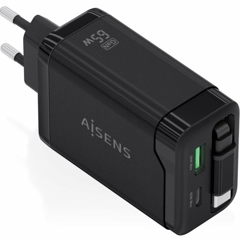 Cargador de Pared GaN Aisens ASCH-65W3P071-BK/ 1xUSB Tipo-C/ 1xUSB/ 65W/ Negro