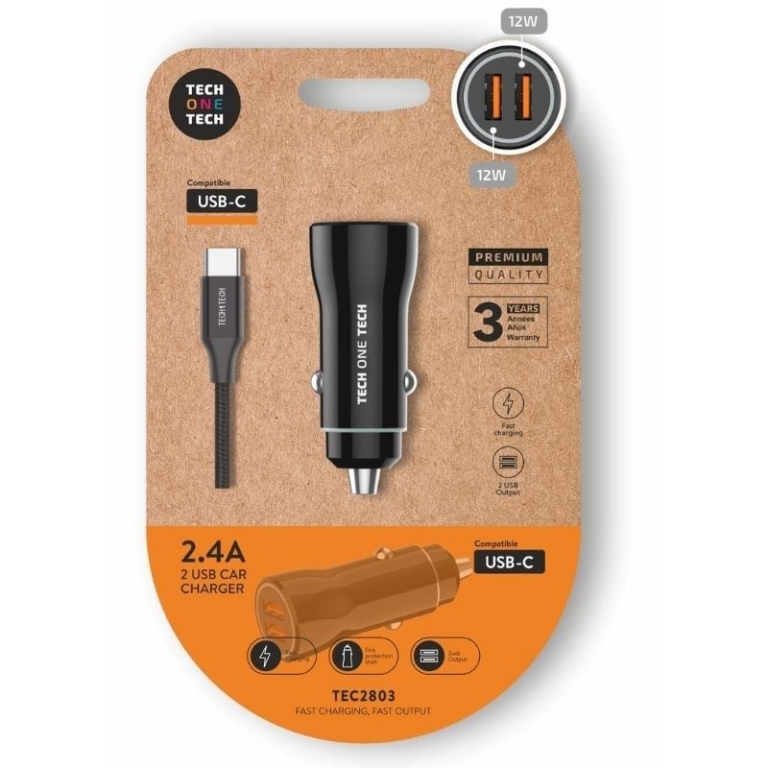 Cargador de Coche Tech One Tech TEC2803/ 2xUSB + Cable USB Tipo-C/ 12W