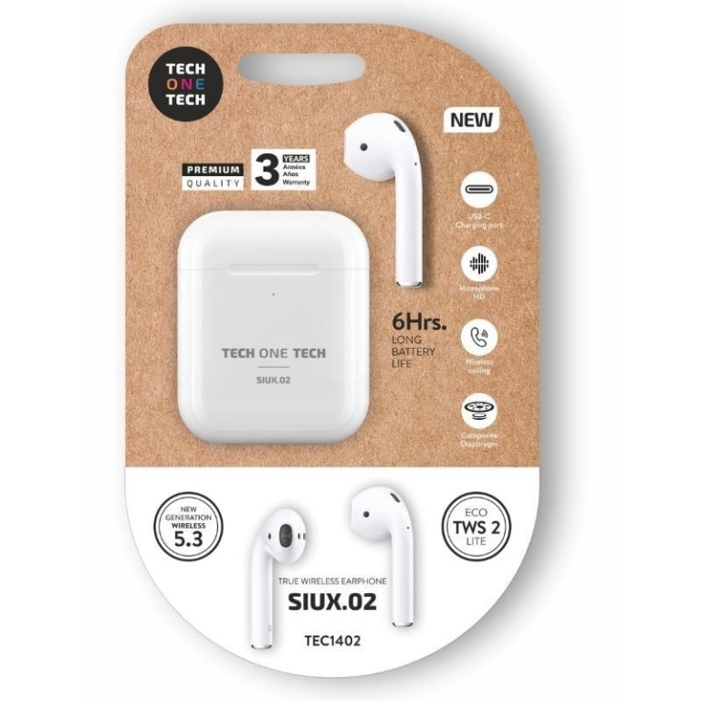 Auriculares Bluetooth Tech One Tech SIUX.02 TEC1402/ con estuche de carga/ Autonomía 6h/ Blancos