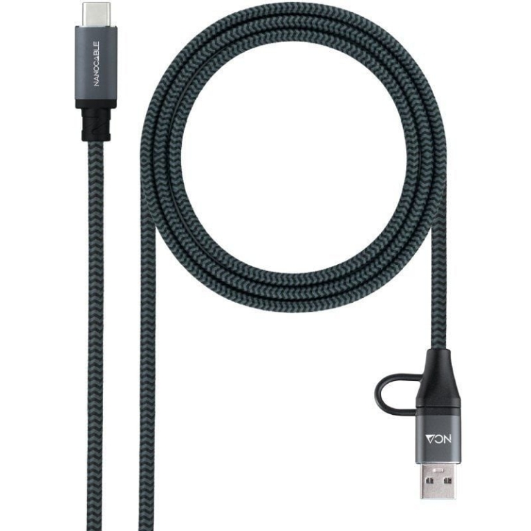 Cable USB 3.2 Tipo-C Nanocable 10.01.4112-COMB/ USB Tipo-C Macho + USB Macho - USB Tipo-C Macho/ Hasta 100W/ 20Gbps/ 2m/ Gris y Negro