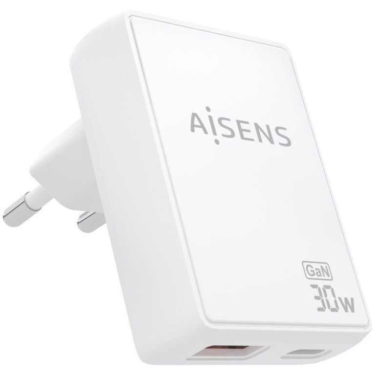 Cargador de Pared GaN Aisens ASCH-30W2P074-W/ 1xUSB Tipo-C/ 1xUSB/ 30W/ Blanco