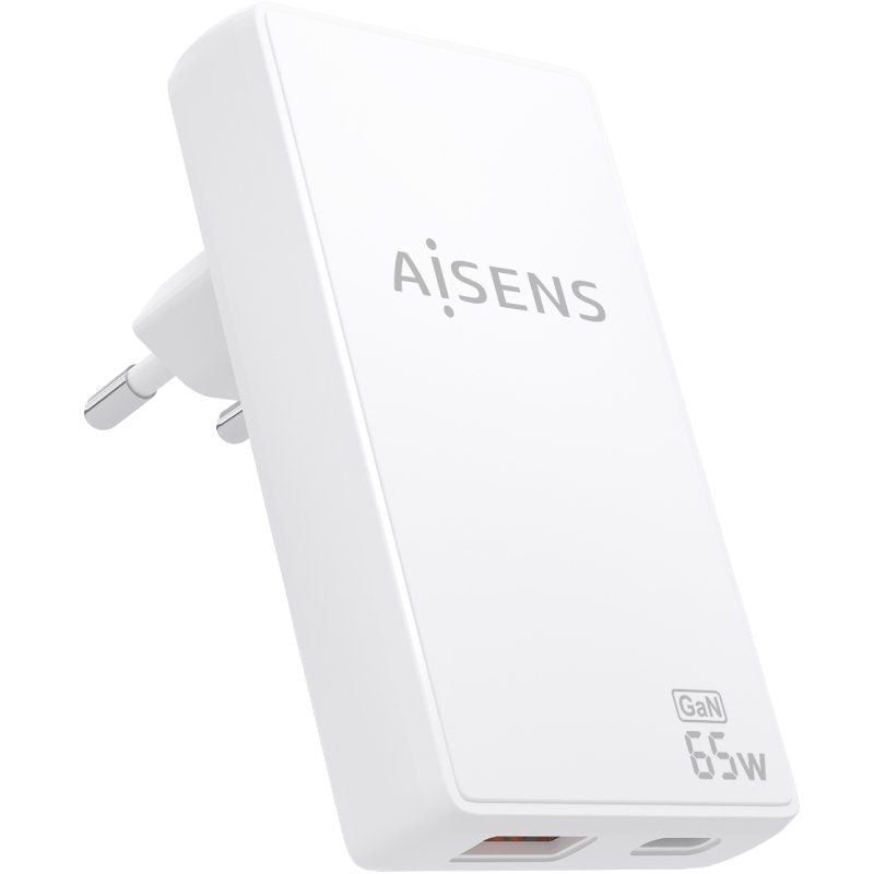Cargador de Pared GaN Aisens ASCH-65W2P076-W/ 1xUSB Tipo-C/ 1xUSB/ 65W/ Blanco