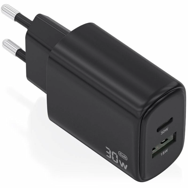 Cargador de Pared GaN Aisens A110-0978/ 1xUSB Tipo-C/ 1xUSB/ 30W/ Negro