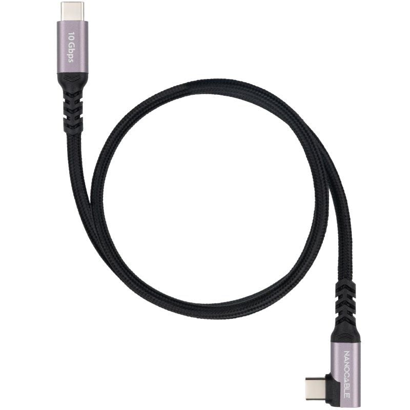 Cable USB 3.2 Tipo-C Acodado Nanocable 10.01.4700/ USB Tipo-C Macho - USB Tipo-C Macho/ Hasta 100W/ 10Gbps/ 50cm/ Negro