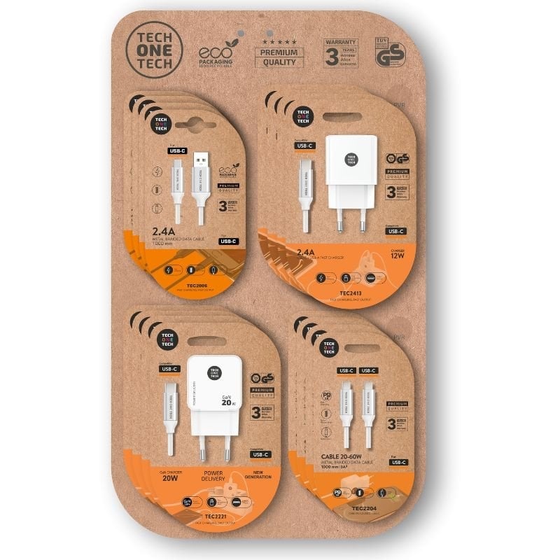 Expositor de Cargadores GaN y Cables Tech One Tech EKO 400801/ 4 ganchos/ Incluye 16 Productos