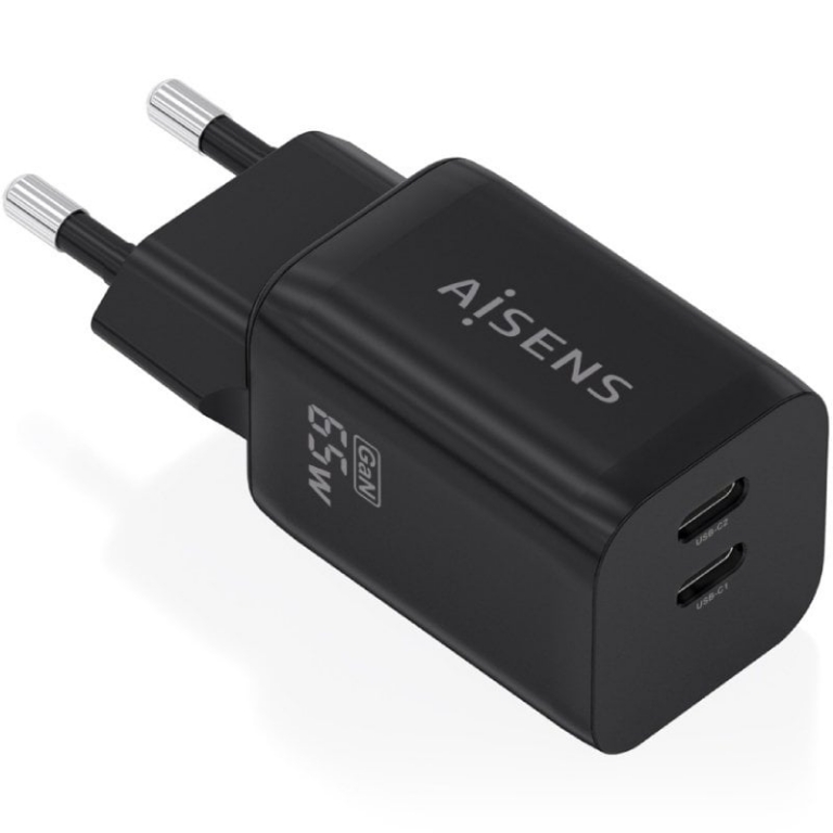 Cargador de Pared GaN Aisens A110-1030/ 2xUSB Tipo-C/ 65W/ Negro