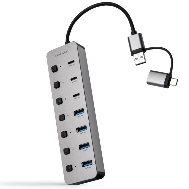 Hub USB + USB Tipo-C Nanocable 10.16.4510/ 4xUSB/ 3xUSB Tipo-C/ 1xUSB Tipo-C PD/ Gris