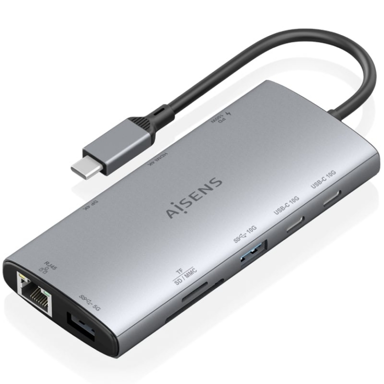 Docking USB Tipo-C Aisens ASUC-10P050-GR/ 1xDisplayPort/ 1xHDMI 4K/ 1xRJ45/ 2xUSB/ 2xUSB Tipo-C/ 1xUSB Tipo-C PD/ 1xLector de Tarjetas/ Gris