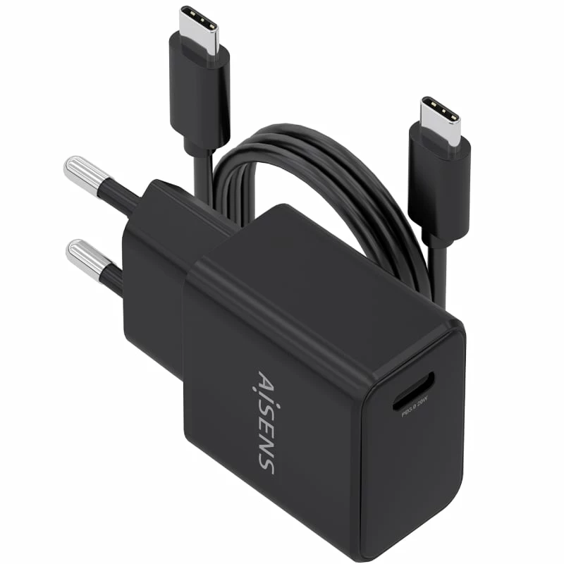 Cargador de Pared GaN Aisens ASCH-20W1P082-BK/ 1xUSB Tipo-C/ 20W/ Incluye Cable USB Tipo-C