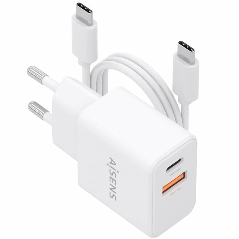 Cargador de Pared GaN Aisens ASCH-20W2P083-W/ 1xUSB Tipo-C/ 1xUSB/ 20W/ Blanco/ Incluye Cable USB Tipo-C