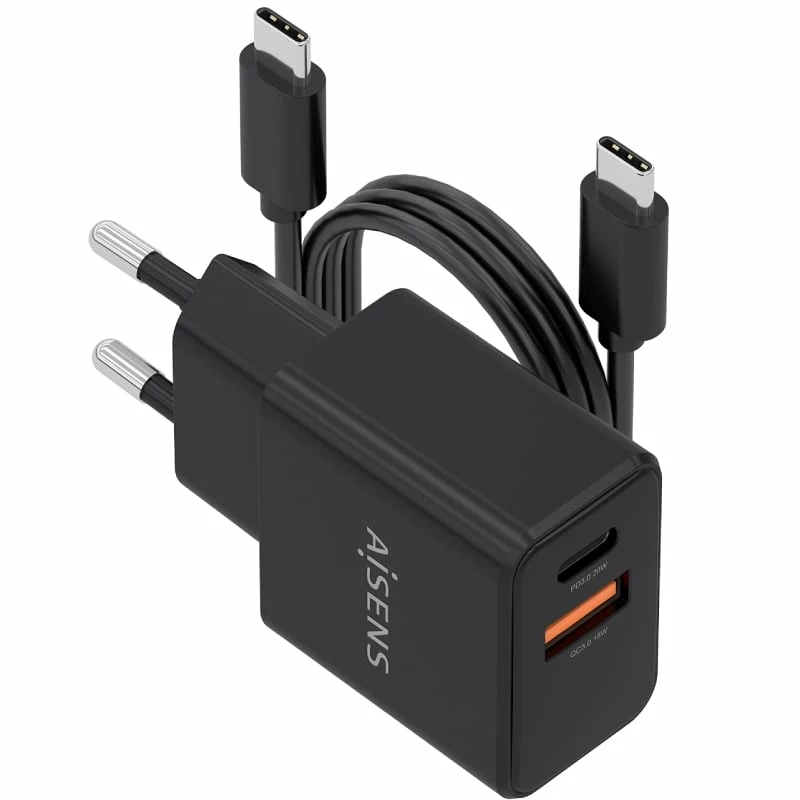 Cargador de Pared GaN Aisens ASCH-20W2P084-BK/ 1xUSB Tipo-C/ 1xUSB/ 20W/ Incluye Cable USB Tipo-C