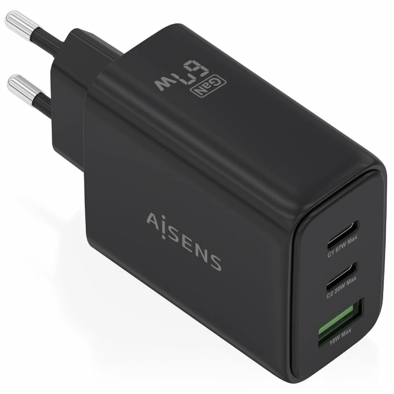 Cargador de Pared GaN Aisens ASCH-67W3P087-BK/ 2xUSB Tipo-C/ 1xUSB/ 67W