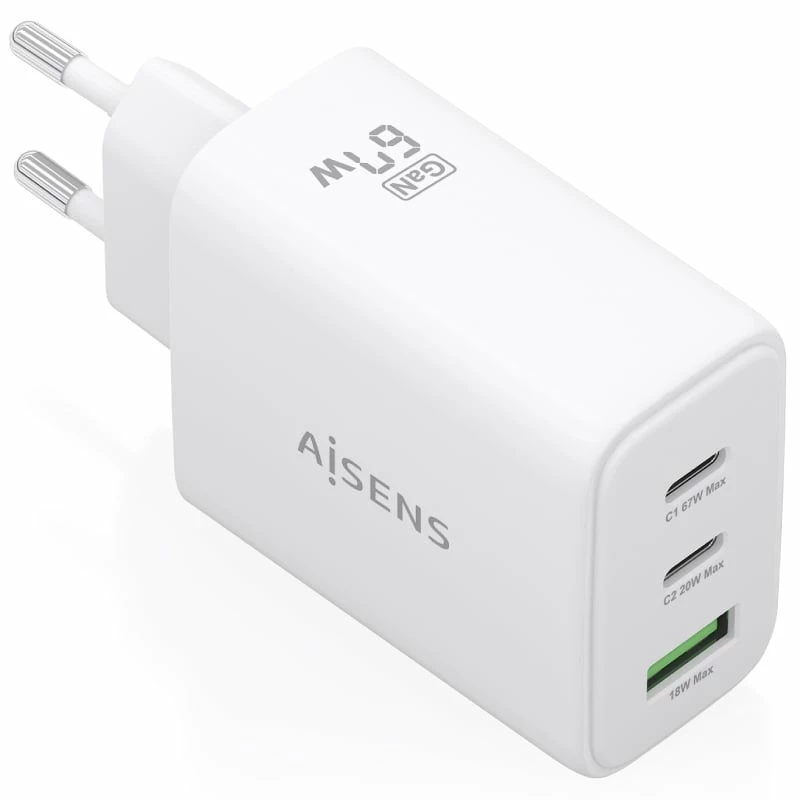 Cargador de Pared GaN Aisens ASCH-67W3P086-W/ 2xUSB Tipo-C/ 1xUSB/ 67W/ Blanco