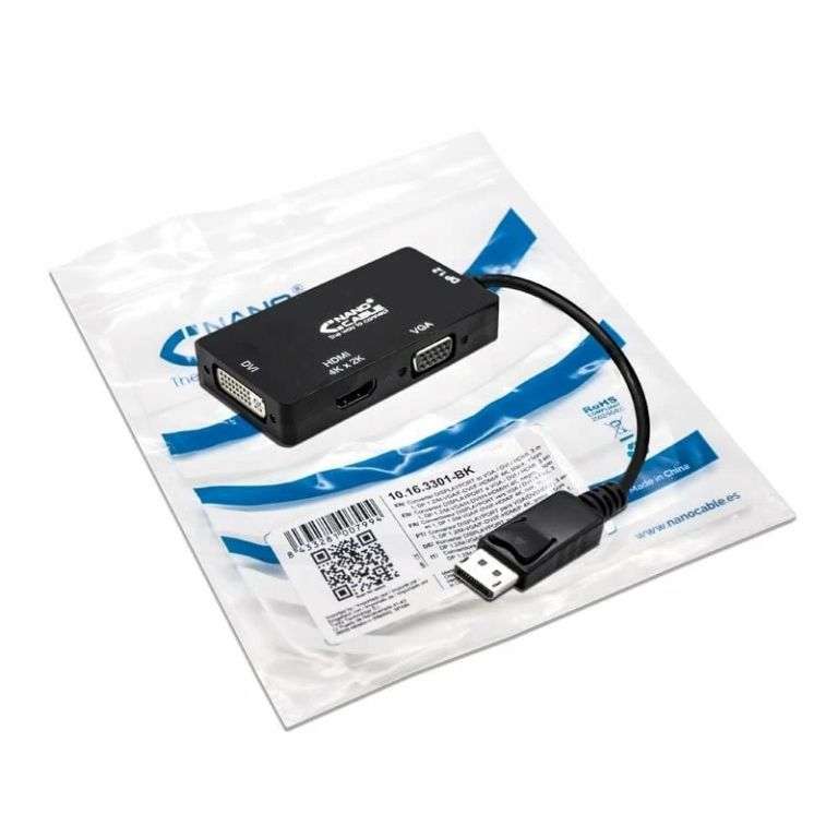 Cable Conversor Nanocable 10.16.3301-BK/ Displayport Macho - VGA Hembra/ DVI Hembra/ HDMI Hembra/ 15cm/ Negro