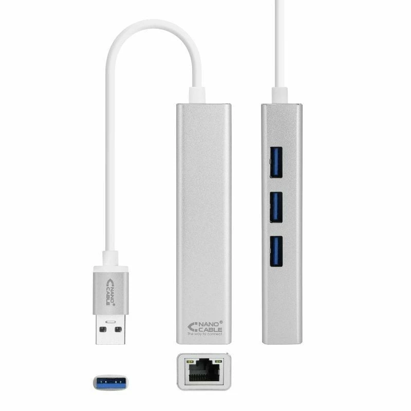 Hub USB 3.0 Nanocable 10.03.0403/ 3xUSB/ 1xRJ45/ Gris