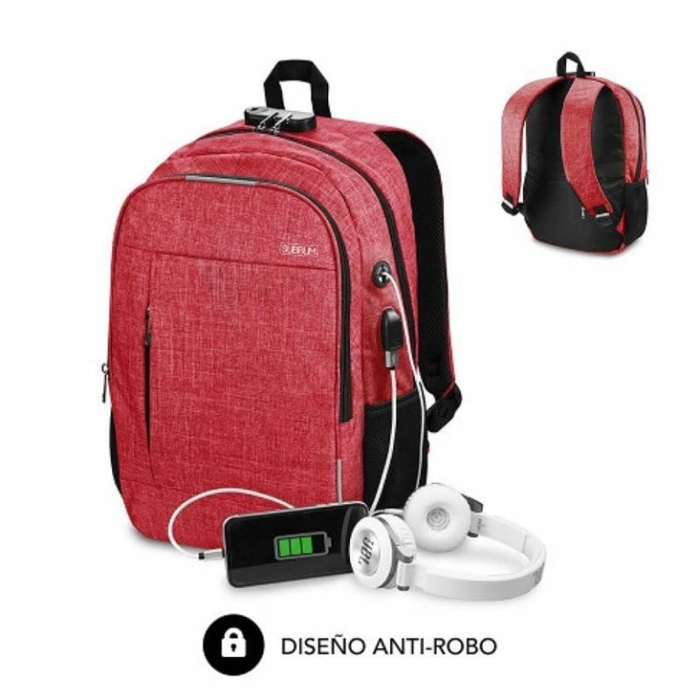 Mochila Subblim Urban Lock para Portátiles hasta 16"/ Puerto USB/ Antirrobo/ Roja