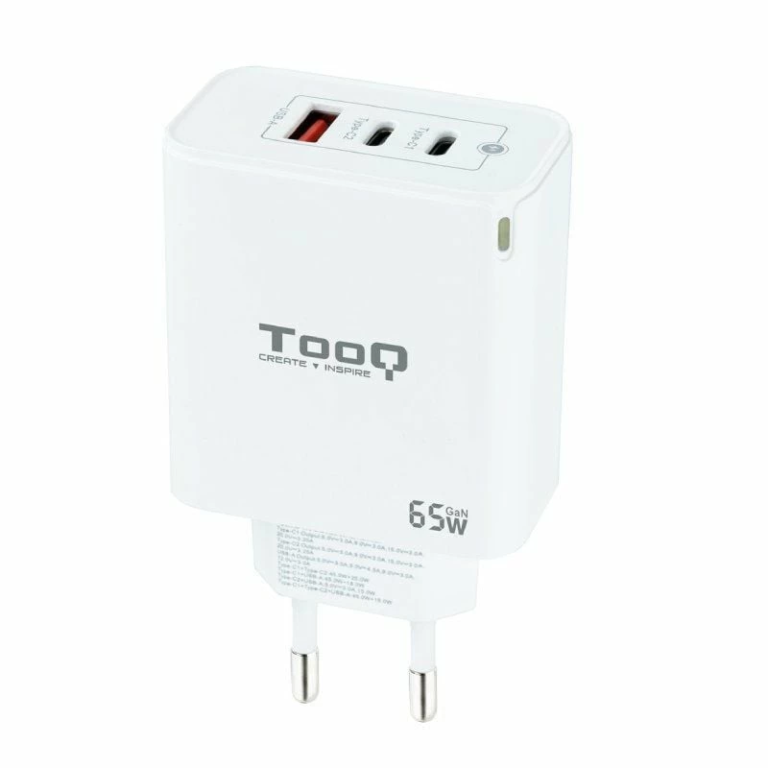 Cargador de Pared GaN TooQ TQWC-GANQC2PD65WT/ 2xUSB Tipo-C/ 1xUSB/ 65W